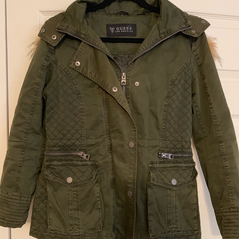 GUESS olive green canvas coat with removable trim